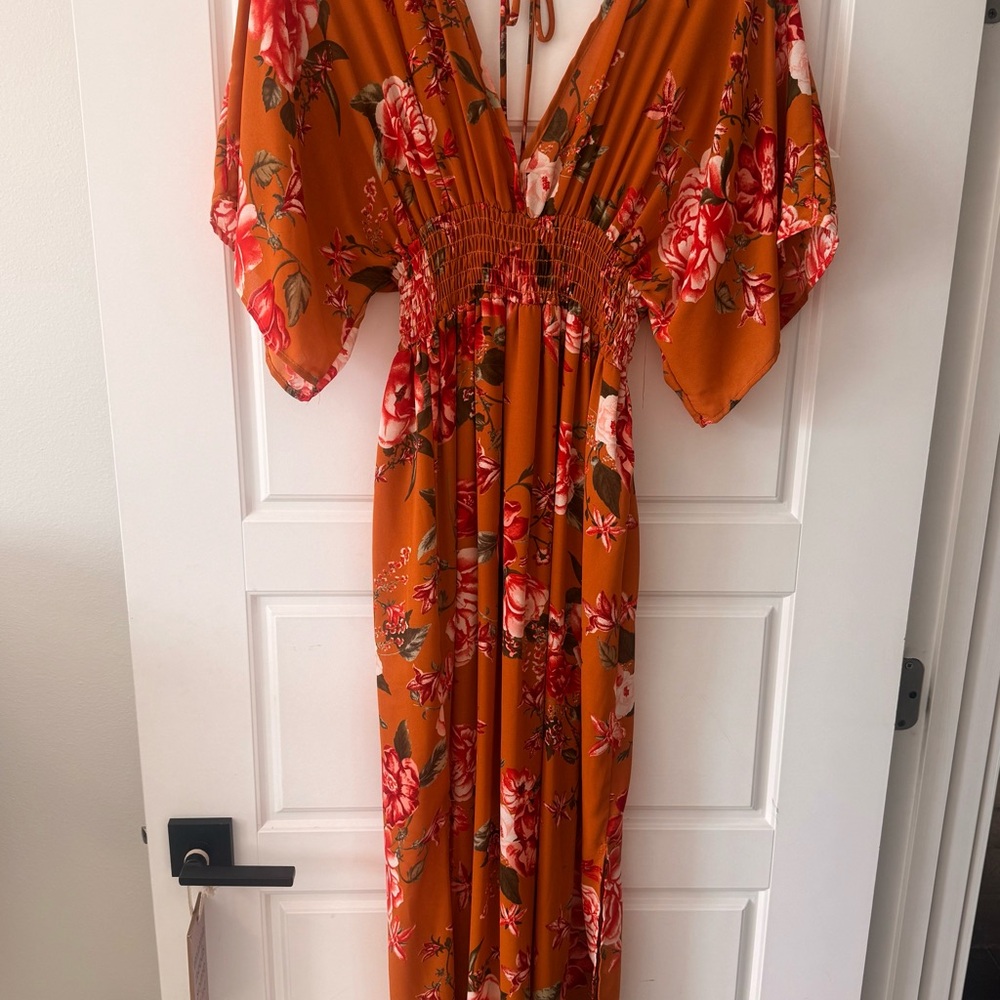 Promesa Rust Floral V-Neck Maxi Dress